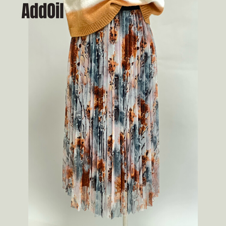 New in autumn! [ADDOIL] elastic waist mesh pleated floral skirt 802-1# ZXL