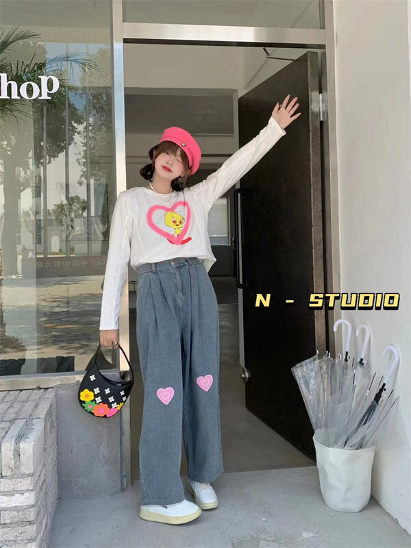 New in early autumn!【N】Love Embroidery Versatile Washed Jeans Q026# WTT
