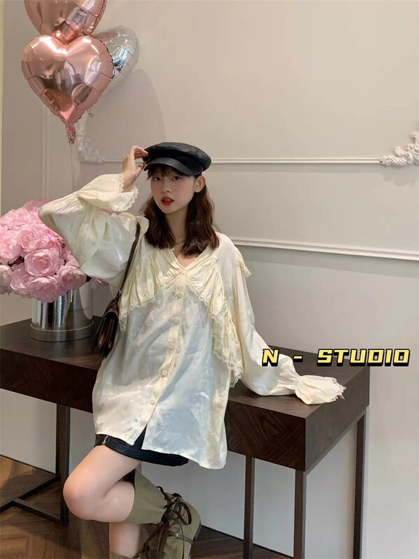 New in autumn! [N] buttoned long-sleeved pleated shirt Q106# WTT