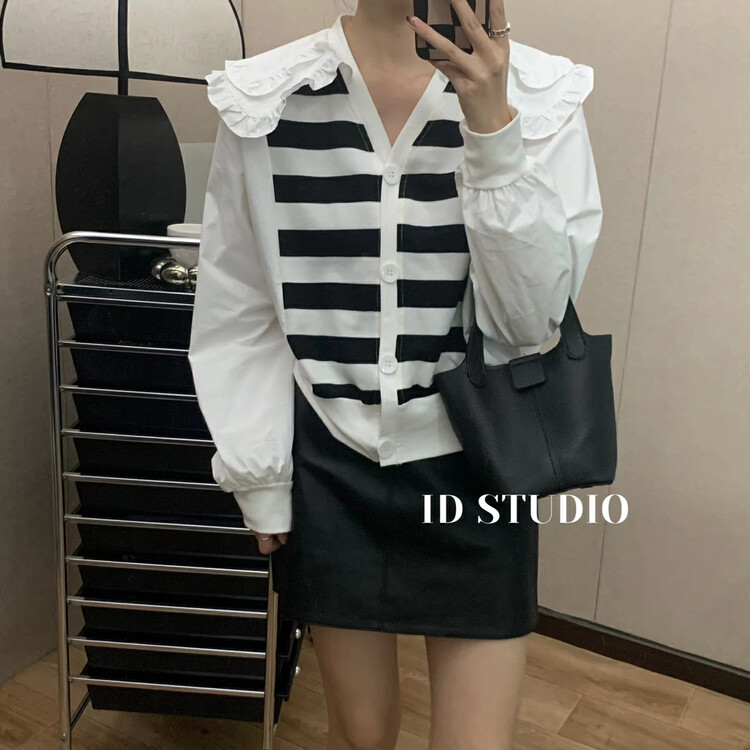 New in autumn! [I-D] Korean version double collar stitching design shirt YS8385# L