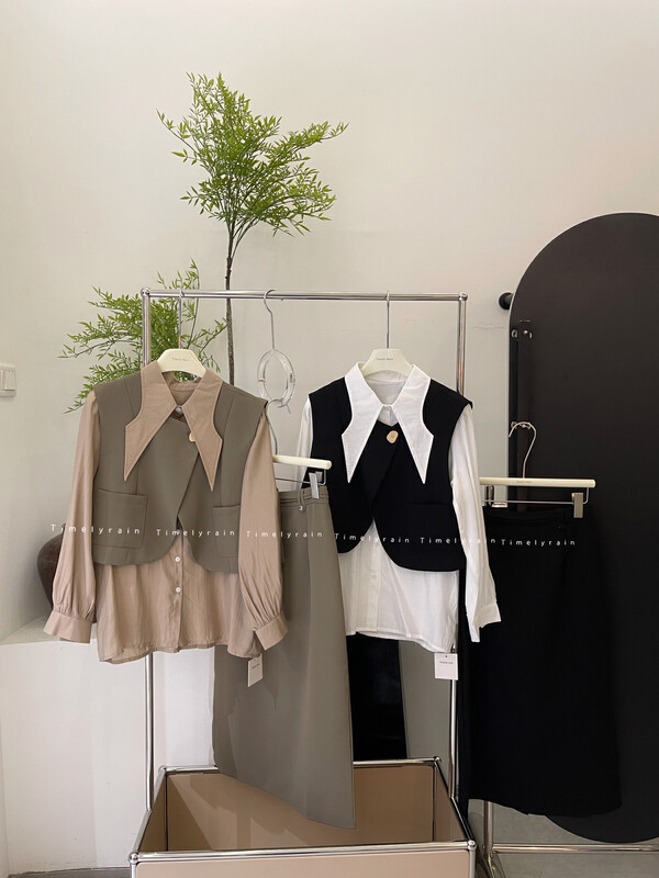 New in early autumn! [Timely rain] Korean style ins retro Western-style vest + design sense of large pointed lapel shirt suit 57089# WPL