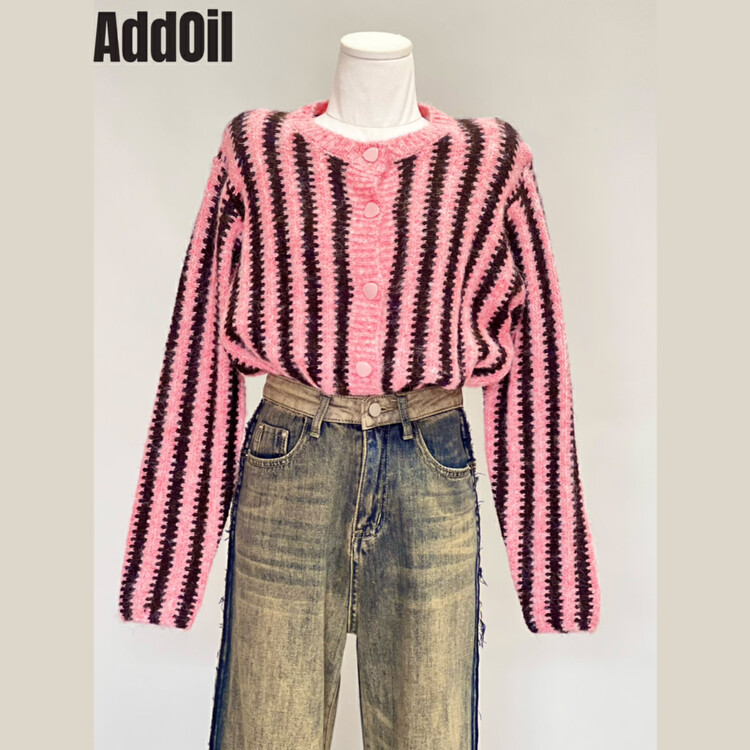 New in autumn! [ADDOIL] Korean version of the striped breasted short warm sweater 5880# ZXL