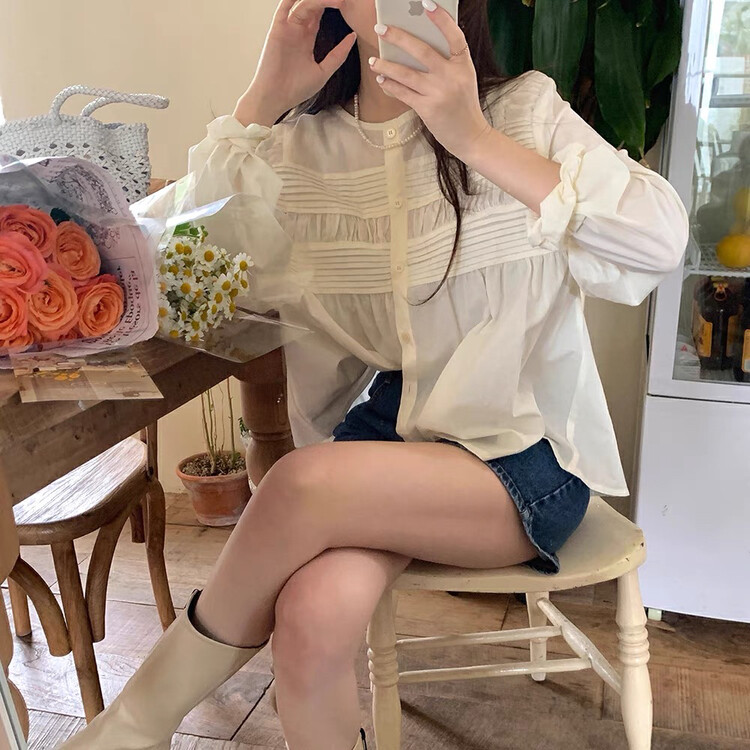New in early autumn! [Timely rain] Korean style ins gentle and sweet design sense pleated heavy industry all-match loose shirt W277# WPL