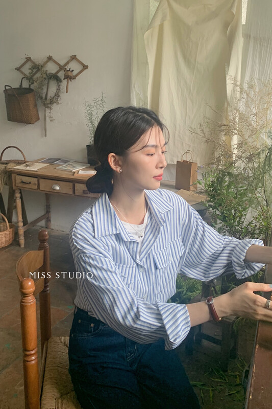 【MISS】Korean Double Pocket Striped Casual All-match Shirt F2311