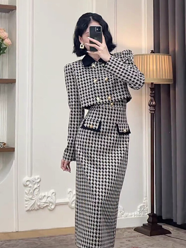 New in autumn! [KIKI STUDIO] Houndstooth Fashion Strap Dress + Round Neck Single Breasted Jacket Set 6635# HJY