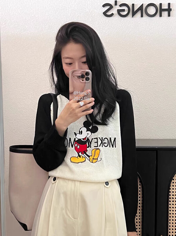Autumn is new! [KS] Korean version of Mickey letters contrast color raglan loose knitted sweater 21374# CQW