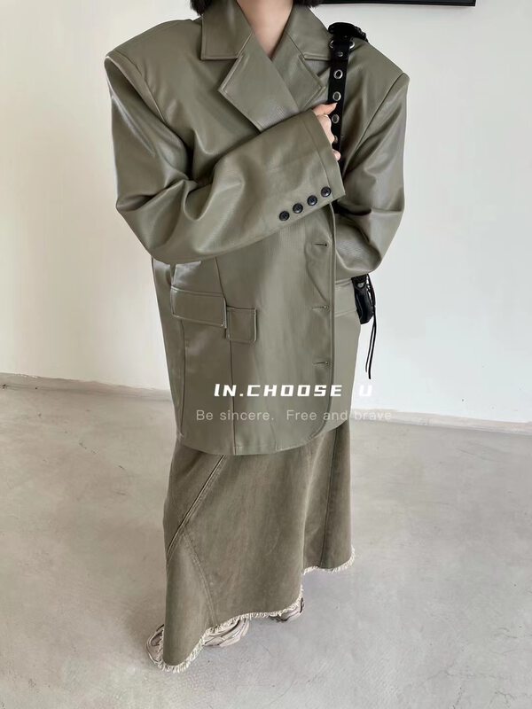 【IN.CHOOSE U】Dark pattern pit strip design pocket leather jacket suit 66290# CQW