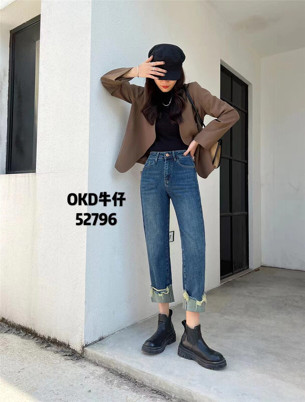 New in early autumn! [OKD] Back leather card design flanging straight jeans 52796# GY