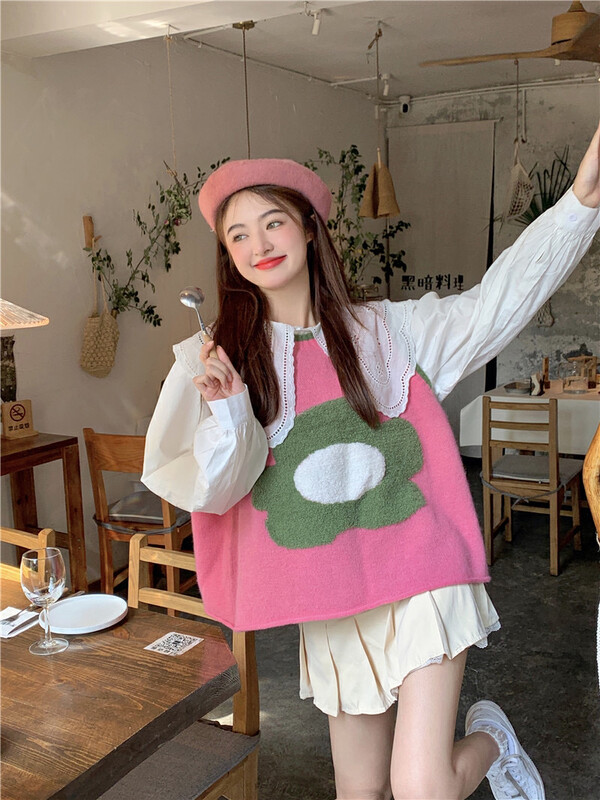Autumn models are new! [Timely rain] Korean style ins sweet embroidery jacquard contrast color flower vest 02359# WPL