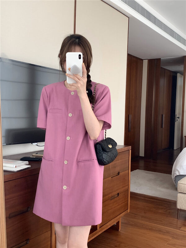【T.G】Korean texture round neck buttoned dress 17220# CLS
