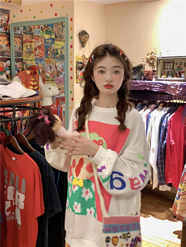 Autumn is new! [Timely Rain] Sweet and age-reducing design cartoon funny girl printed sweater (only selling sweater) 48229# WPL