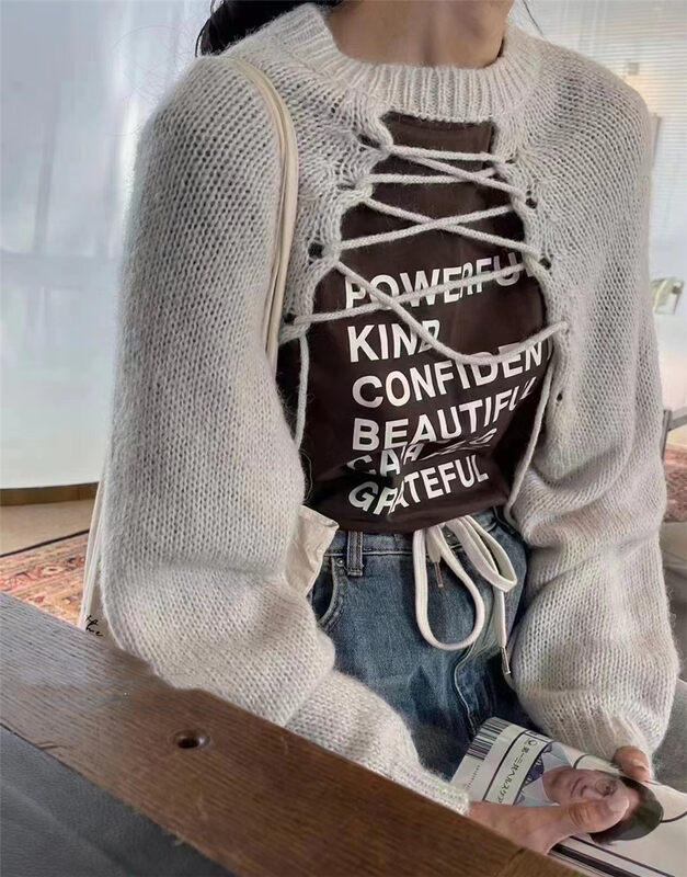 Autumn models are new! [Korean C home] niche design cross-tie knitted sweater + round neck letter printing long-sleeved suit 0364# PCZ