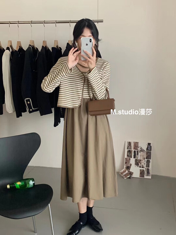 New in autumn!  [MSTUDIO Mansha] Striped Contrast Knit Cardigan + Long Sling Dress Suit t307# HBX