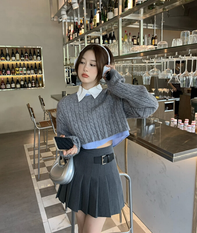 New in autumn! [Timely rain] Korean style ins retro design pleated college style high waist slim skirt R0111# WPL