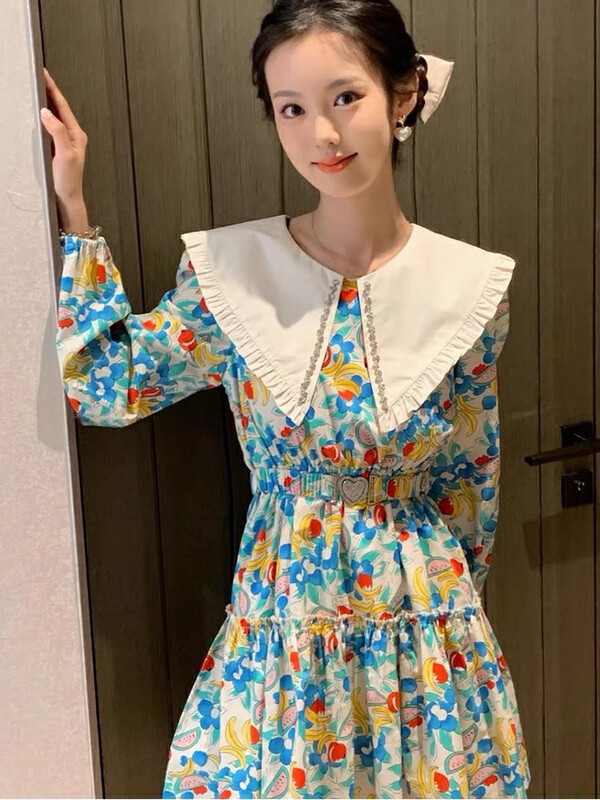 New in autumn!【KIKI STUDIO】Sweet lapel beaded dress (with belt) 6630# HJY