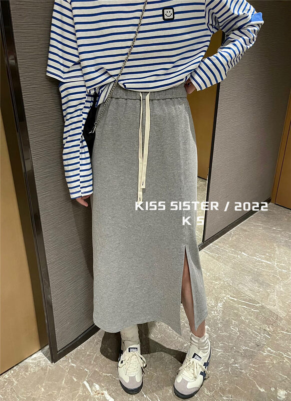New in early autumn!【KISS SISTER】Simple and casual elastic waist strap slit skirt 22Y9628# CQW