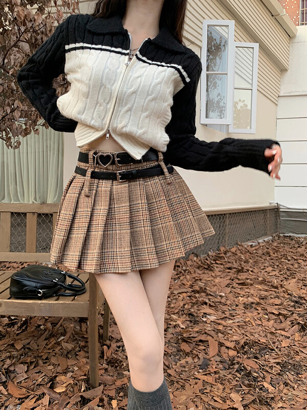 Autumn is new! [Timely rain] Korean style ins retro plaid high waist slim skirt (with belt) W1417# WPL