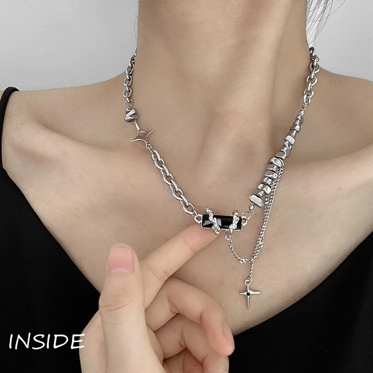 [INSIDE] Sweet and cool hot girl style high-end niche design star black zircon titanium steel short necklace (with box random distribution) X3498# ZXL