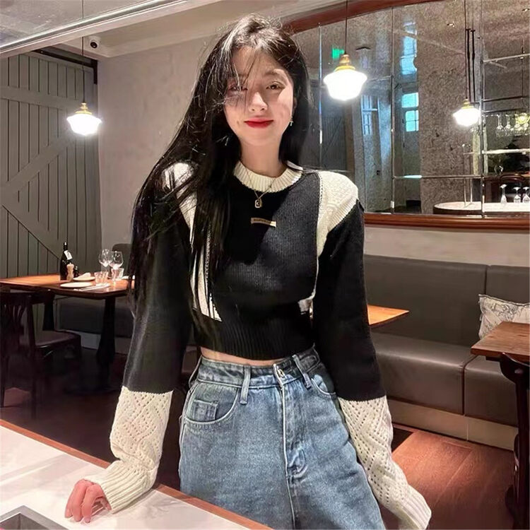 Early autumn new style! [Korean C home] Off-the-shoulder contrast color short warm sweater 7822# PCZ