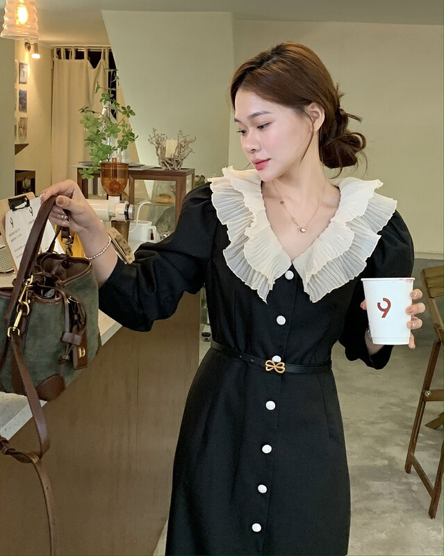 Autumn is new! [Timely rain] Korean style ins French temperament retro double-layer pleated large lapel dress (with belt) R079# WPL