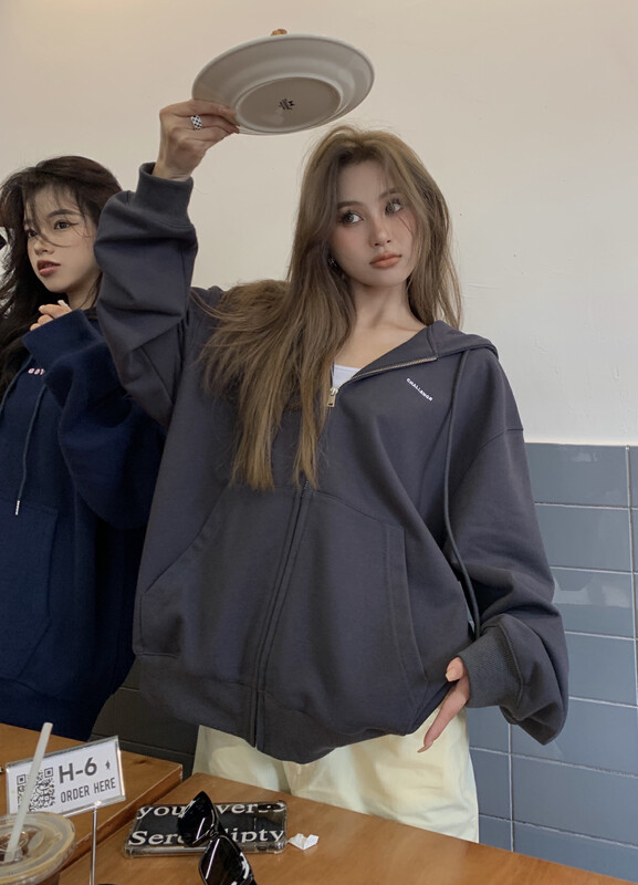 【11AN】Simple Printed Letter Ribbon Hooded Cardigan Short Jacket A6963