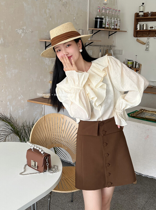 New in autumn! [YOOMINI] Ladies ruffled temperament shirt Q16183-W# WPL