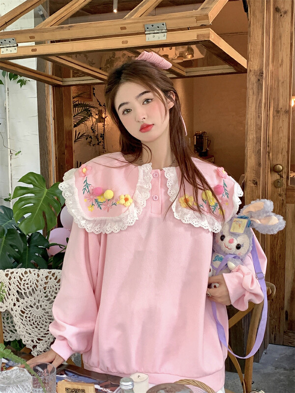 Autumn is new! [Timely rain] Hanfeng ins sweet heavy industry embroidery three-dimensional small flower doll collar sweater K2229# WPL