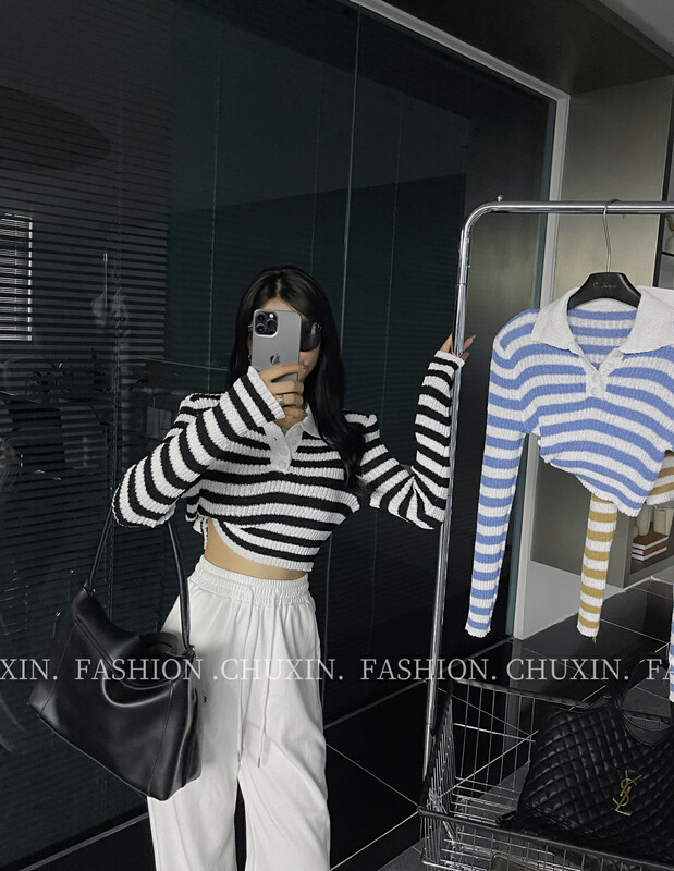 New in autumn! [C.X original heart] striped thin buttoned lapel short knitted sweater Z390# WTT