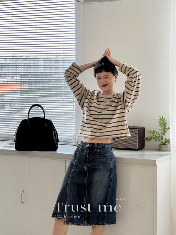【TRUSTME】Korean casual striped embroidered letter long-sleeved T-shirt 40149# JHY