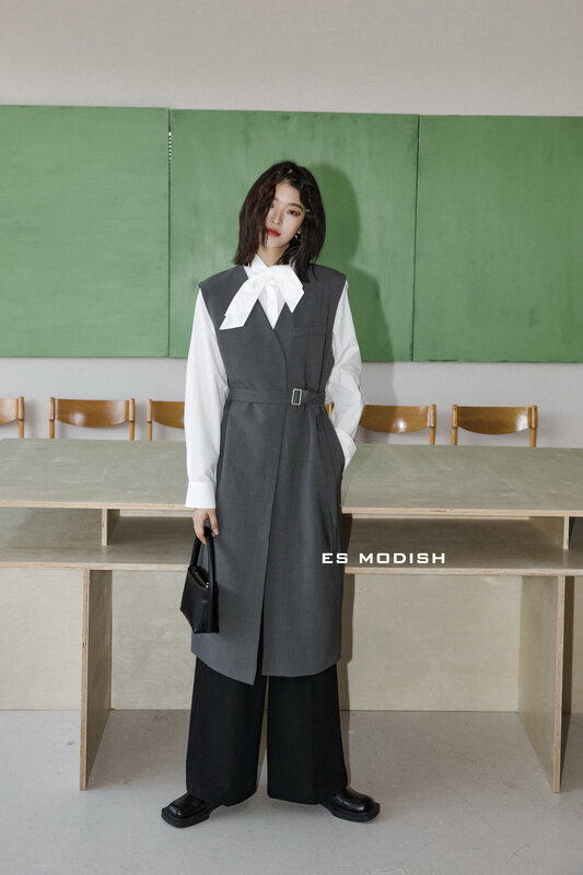 New Autumn!【ES MODISH】Sleeveless Loose Fashion Casual Suit (With Belt)(Sell Suit Only) JK1517aa# CQW