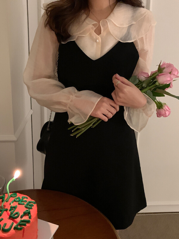 Autumn is new! [Timely rain] Korean style ins retro sweet temperament design slim v-neck dress (only sells dresses) 25230# WPL