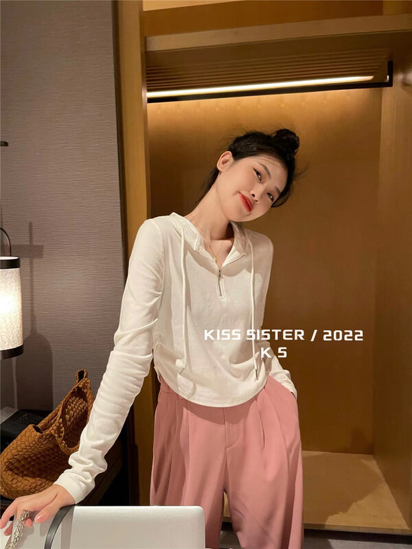 【KISS SISTER】Simple Casual Hooded Short Long Sleeve T-Shirt 22A9632