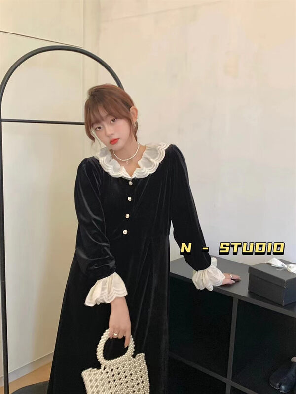 New in autumn!【N】velvet lace stitching long-sleeved doll collar pleated dress Q231# WTT