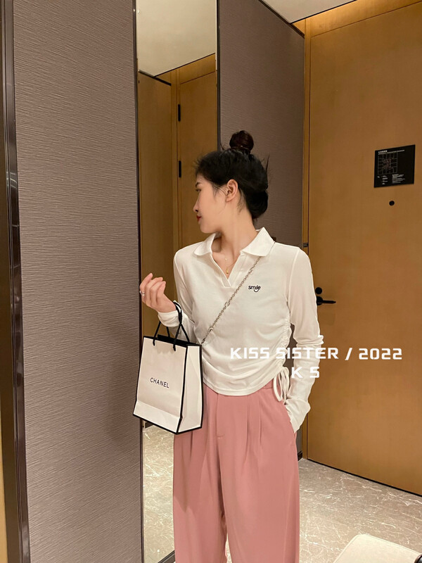 【KISS SISTER】Sweet Cool Korean Smiley Embroidered Long Sleeve T-Shirt 22A9612# CQW