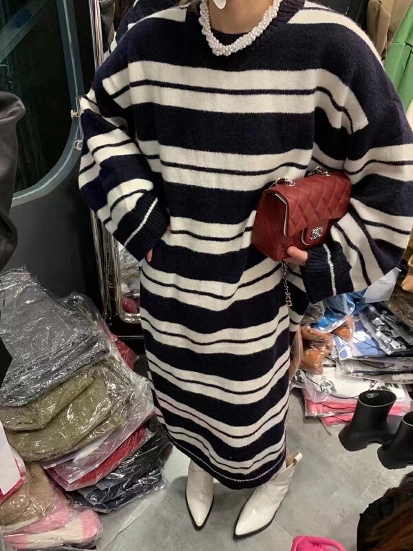 New in autumn! [MI] Korean version loose large striped sweater dress 1553# PCZ