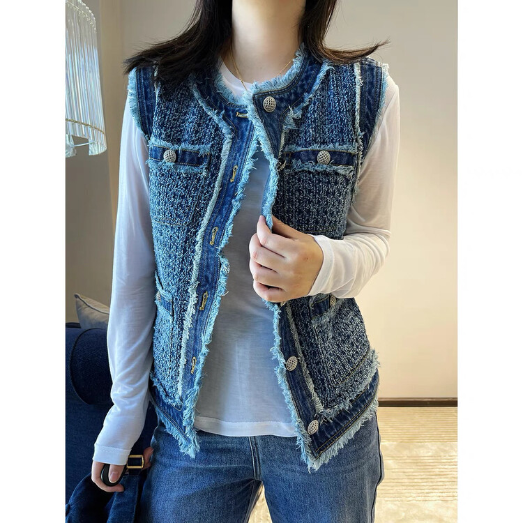 New in autumn!【KIKI STUDIO】Xiaoxiang wind denim wash water tassel vest 6600# HJY