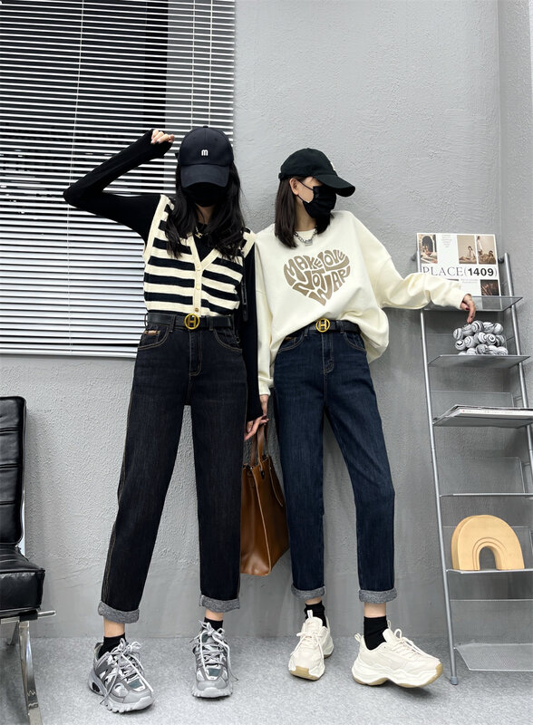 New in autumn! [OKD] Elastic double-sided double car line design Harlan slim and versatile jeans (with belt) 60081# GY