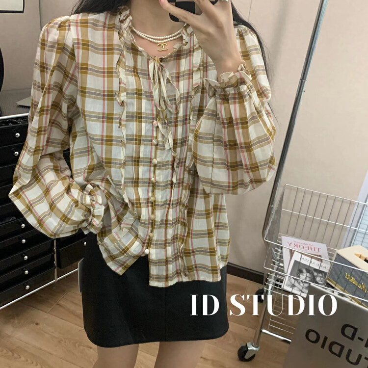 秋款上新!【I-D】韓系花邊格紋寬鬆襯衫  6090#  L