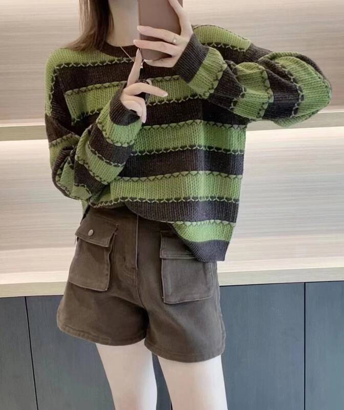 New in autumn!【I-D】Korean style round neck striped sweater 3177# L
