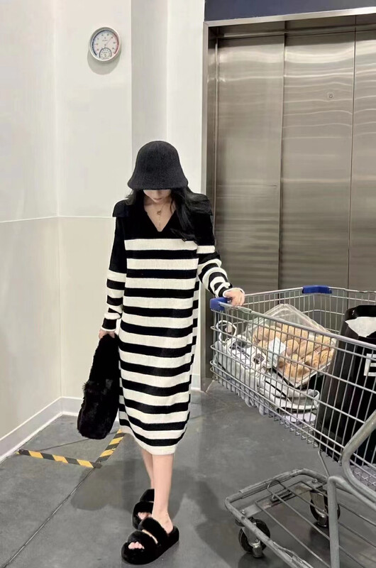 Autumn is new! [MI] Korean Lapel Striped Sweater Dress 1422# PCZ