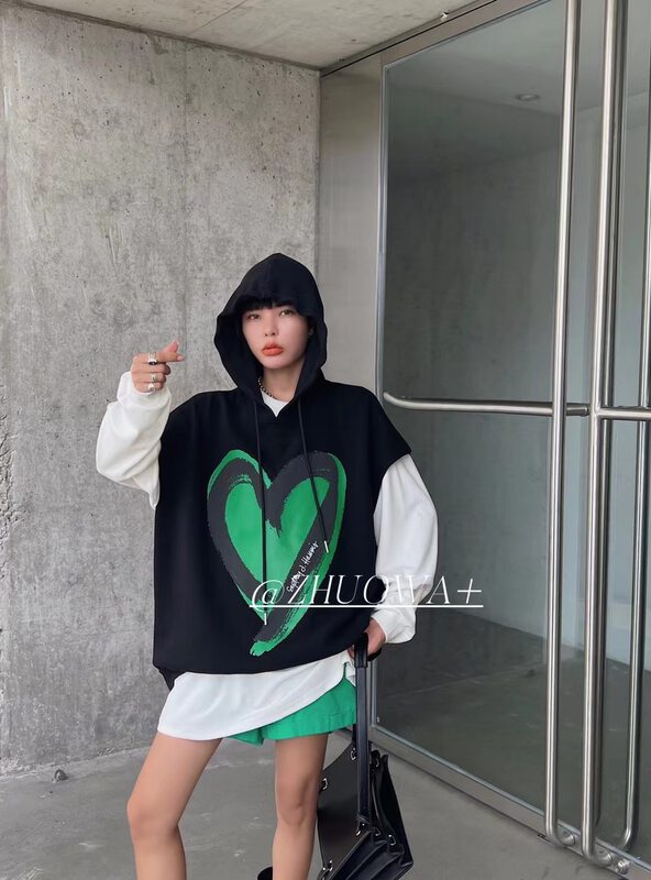 New in autumn! [Strictly selected by buyers - Zhuowa] Personalized love front and rear printed hooded short-sleeved sweater (excluding inner wear) 8028# CL