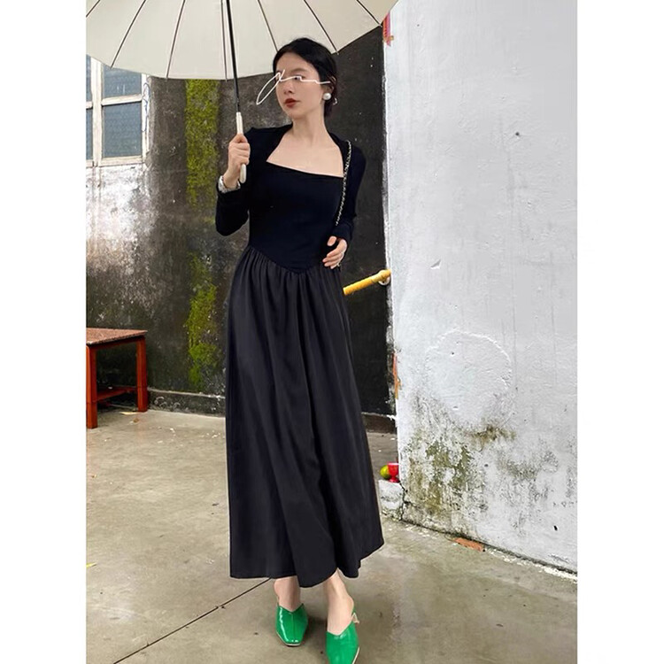 New in autumn!【KIKI STUDIO】Square collar casual slim mid-length dress 6622# HJY