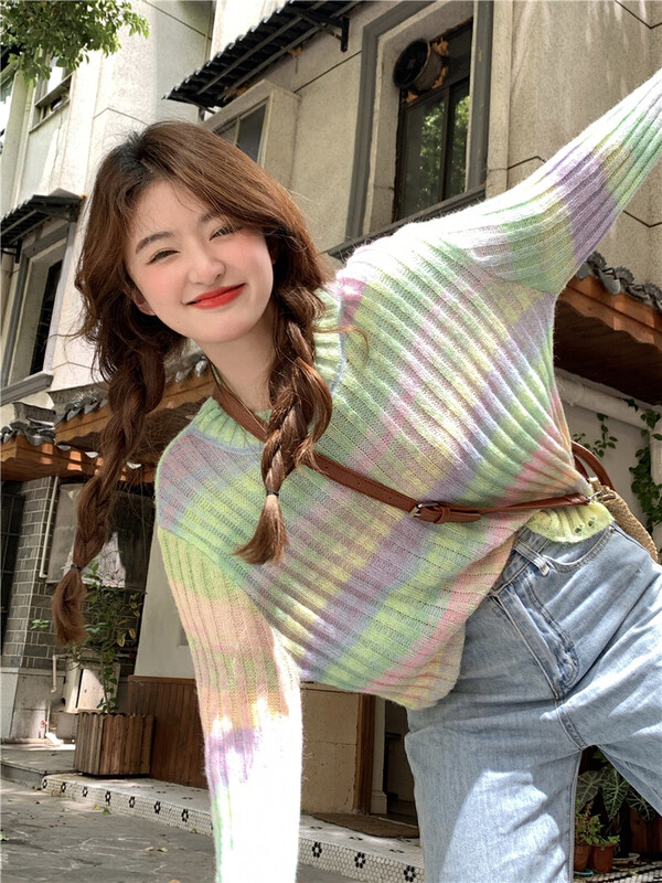 New in autumn! [Timely rain] Korean style ins sweet temperament gradient rainbow striped sweater 42359# WPL