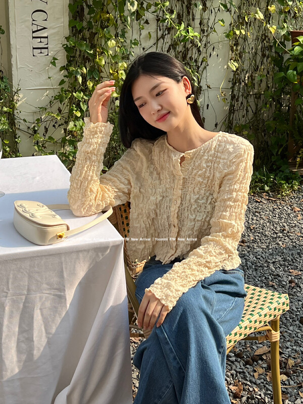 New in autumn! [YOOMINI] round neck single-breasted pleated shirt Q16227-W# WPL