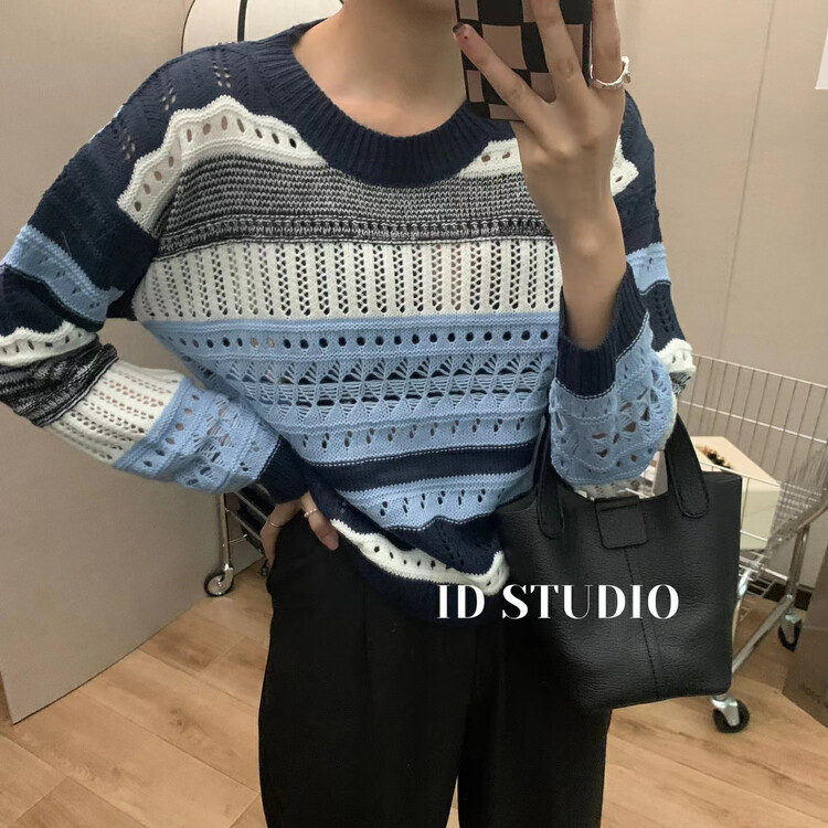 New in autumn! [I-D] Korean version of the versatile contrasting color hollow knitted sweater 3141# L
