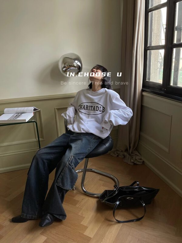 New in autumn!【IN.CHOOSE U】Contrast color letter embroidery loose sweater 67319# CQW