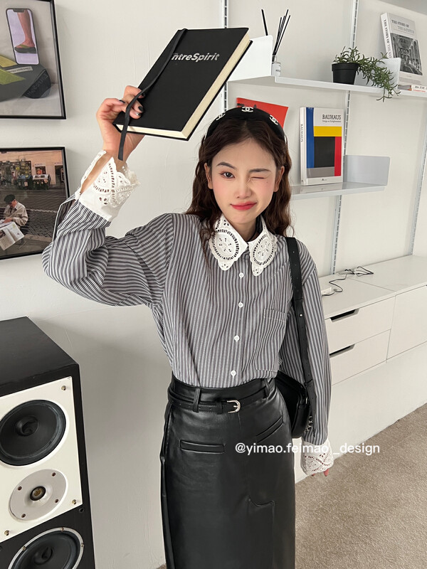 【FEI MAO】Doll Collar Lace Design Sensation Niche Chic Striped Casual Top Shirt Z-4602# CQW