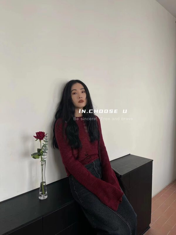 【IN.CHOOSE U】Fashionable Design Frayed Knit Sweater 69382# CQW