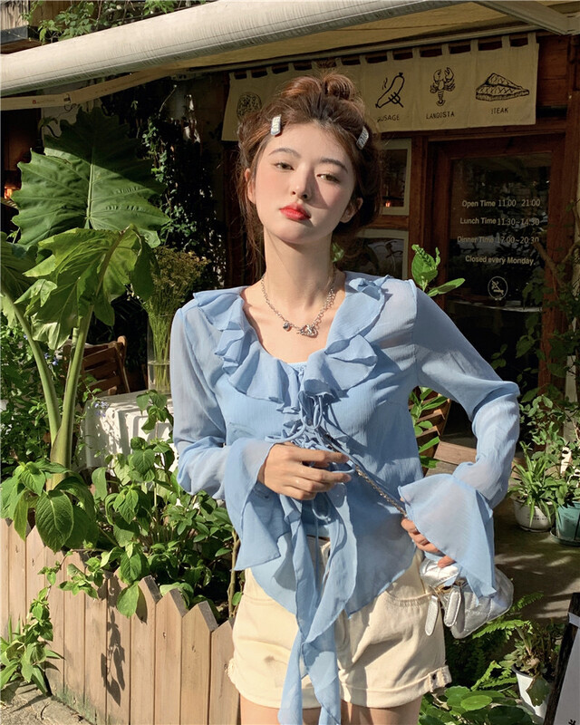 Autumn is new! [Timely rain] Korean ins sweet temperament French design ruffled shirt 70048# WPL
