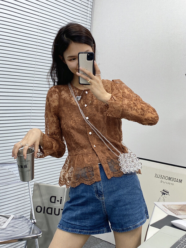 【I-D】Korean style open button lace shirt (with suspenders) 89852# L